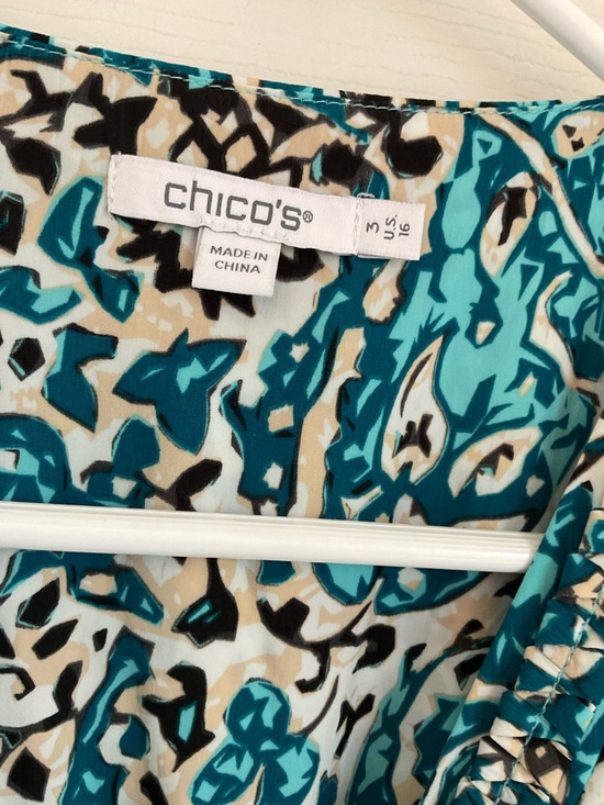 Chico's 3 Teal White Paisley Maxi Dress 24” by 50” v neck ruffle tiered travel - Picture 2 of 11